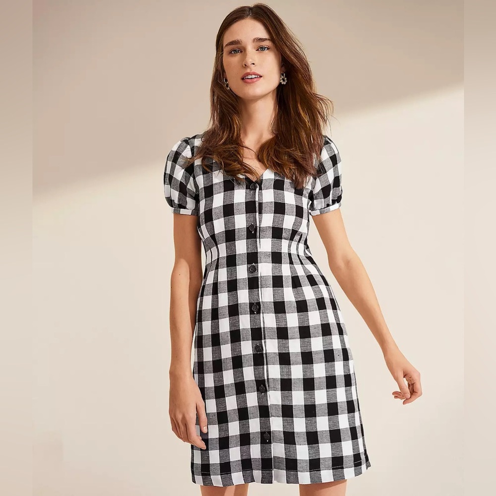 LOFT Gingham Button V-Neck Dress NWT
